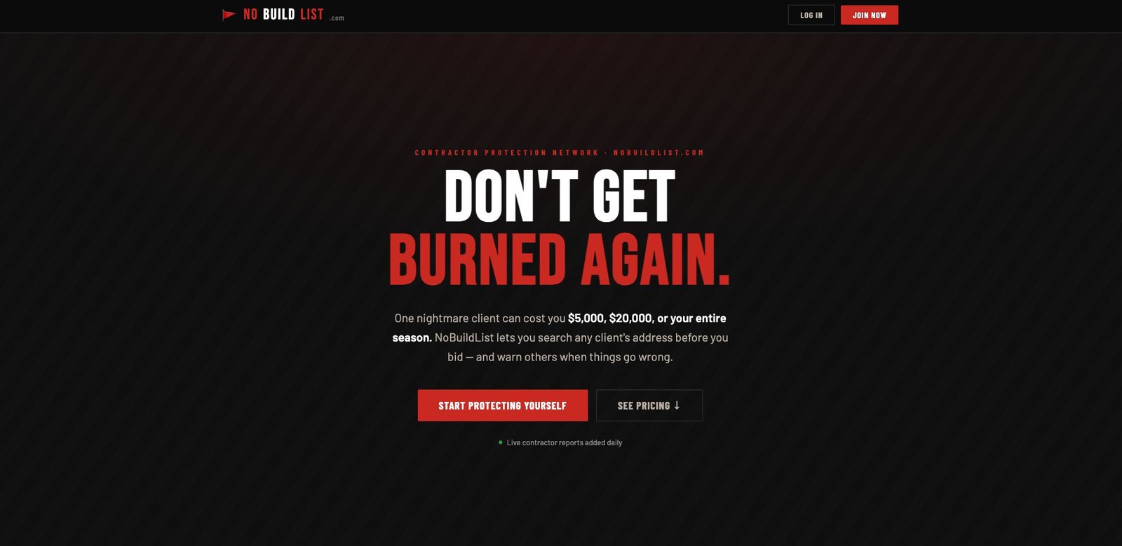 NoBuildList.com homepage